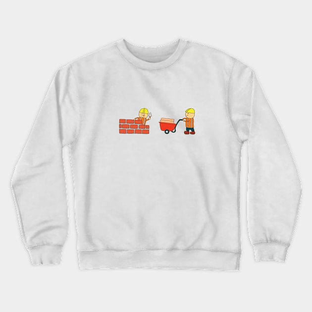 Kids drawing vector Illustration of construction workers building a brick wall and pushing wheelbarrow Crewneck Sweatshirt by wordspotrayal